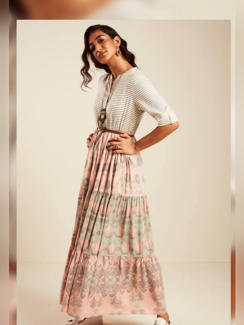 Bombay Pastel Pink and Sage Tiered Maxi Dress